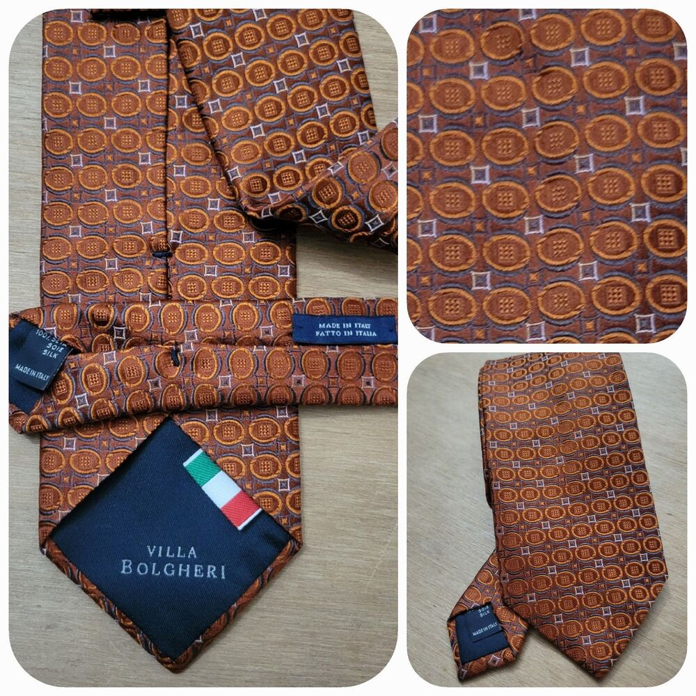 VILLA BOLGHERI Men's 100% Silk Necktie ITALY Designer Circles Geometric Orange